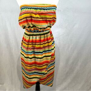 Multicolor striped strapless faux wrap dress size small